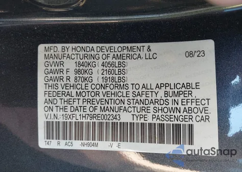 2024 Honda Civic Ex-L z USA, uszkodzony, nr VIN 19XFL1H79RE002343